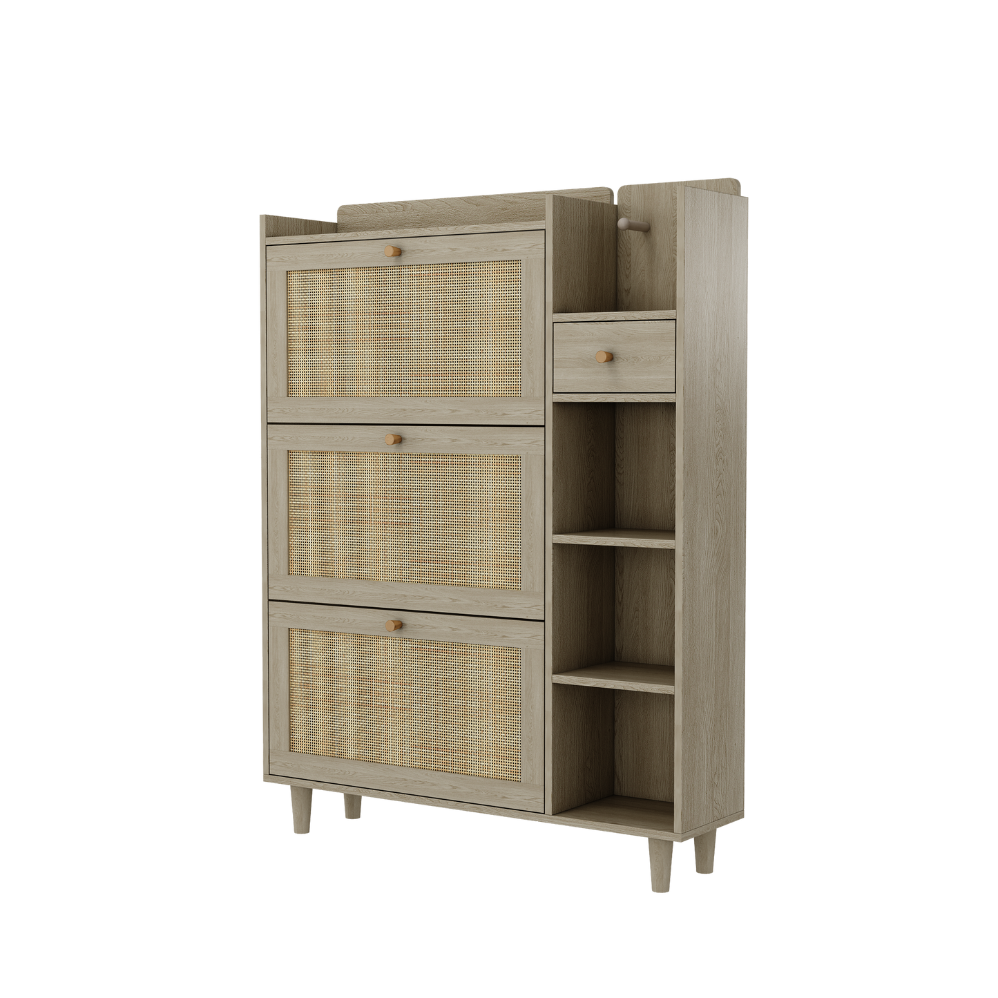 Natural Bohemian style shoe cabinet with 3 rattan flip drawers, 3 square shelves, and 1 storage drawer,  Natural