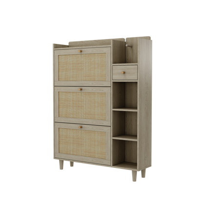 Natural Bohemian style shoe cabinet with 3 rattan flip drawers, 3 square shelves, and 1 storage drawer,  Natural