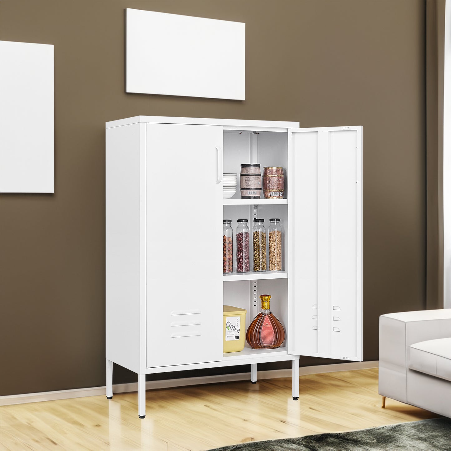 Steel storage cabinet, double door miscellaneous storage cabinet, 2 movable partitions white