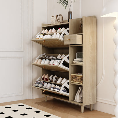 Natural Bohemian style shoe cabinet with 3 rattan flip drawers, 3 square shelves, and 1 storage drawer,  Natural