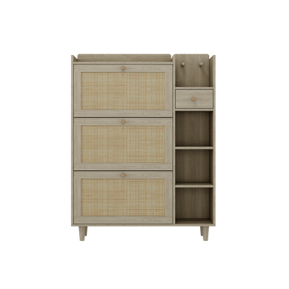 Natural Bohemian style shoe cabinet with 3 rattan flip drawers, 3 square shelves, and 1 storage drawer,  Natural