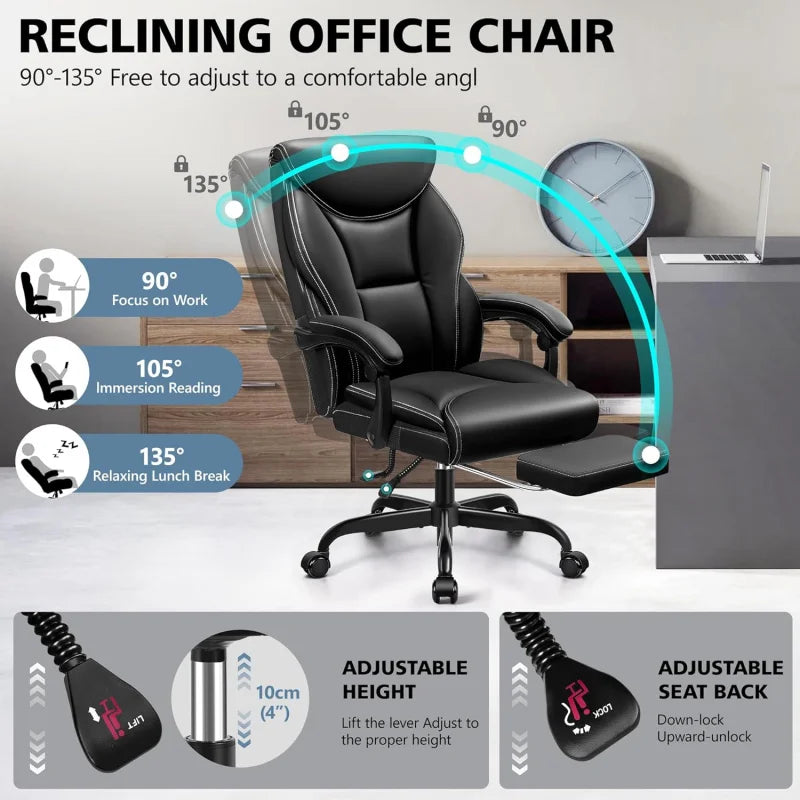 Office Chair Executive, Big and Tall Ergonomic  Desk  Comfy, PU Leather Home Office , HighBack Reclining Comput