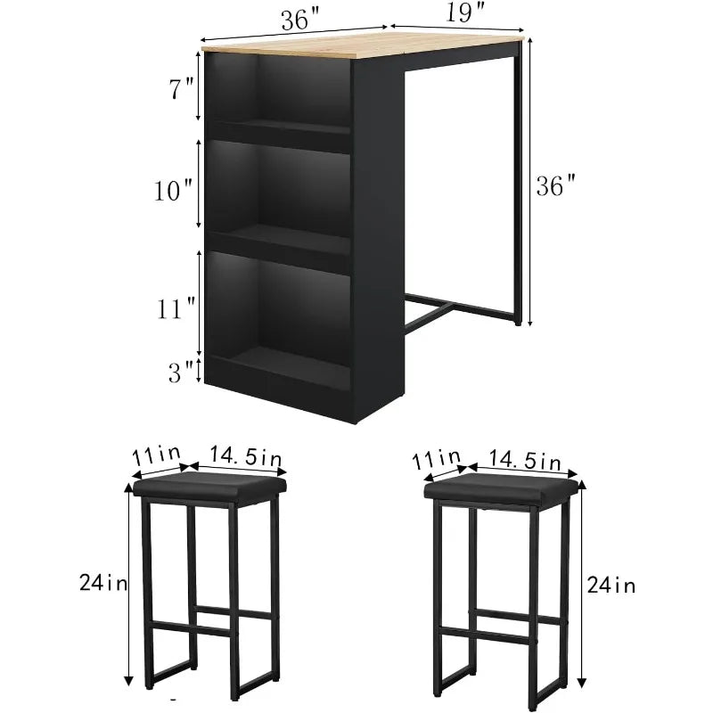 3 Piece Dining Table with 3 Storage Shelves，Bar Table and Small Kitchen Table Set for 2，Wooden Counter Height  Set