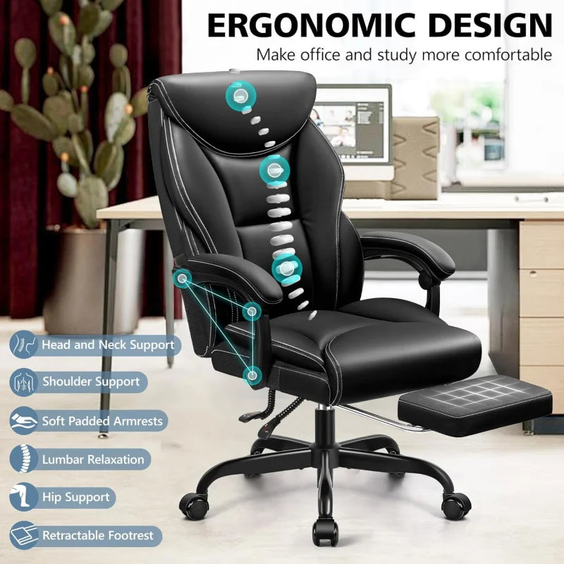 Office Chair Executive, Big and Tall Ergonomic  Desk  Comfy, PU Leather Home Office , HighBack Reclining Comput